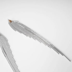 Silver Long Tassel Earrings with Crystal Strands