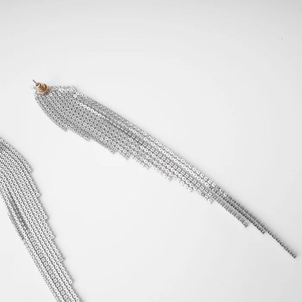Silver Long Tassel Earrings with Crystal Strands